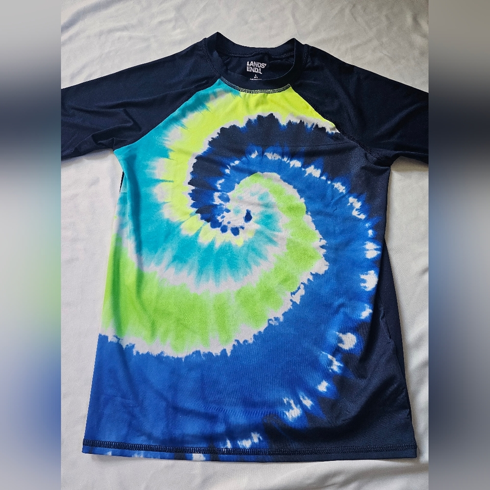 Lands End Kids Tie-Dye Short-Sleeve Rash Guard - Blue and Green- Large (10/12)